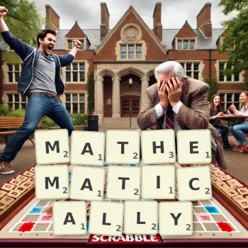 Creative illustration for a Scrabble game with the word MATHEMATICALLY spelled out in tiles on the board.