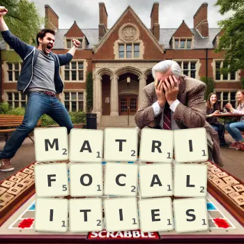 Creative illustration for a Scrabble game with the word MATRIFOCALITIES spelled out in tiles on the board.