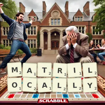 Creative illustration for a Scrabble game with the word MATRILOCALLY spelled out in tiles on the board.