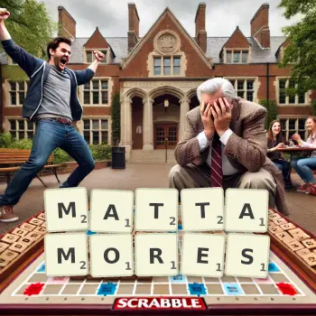 Creative illustration for a Scrabble game with the word MATTAMORES spelled out in tiles on the board.