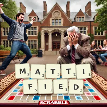 Creative illustration for a Scrabble game with the word MATTIFIED spelled out in tiles on the board.