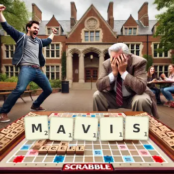 Creative illustration for a Scrabble game with the word MAVIS spelled out in tiles on the board.
