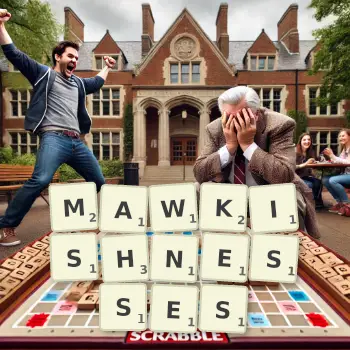 Creative illustration for a Scrabble game with the word MAWKISHNESSES spelled out in tiles on the board.