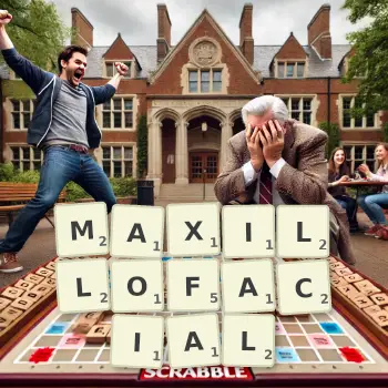 Creative illustration for a Scrabble game with the word MAXILLOFACIAL spelled out in tiles on the board.
