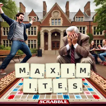 Creative illustration for a Scrabble game with the word MAXIMITES spelled out in tiles on the board.
