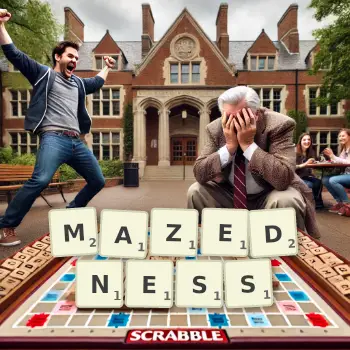 Creative illustration for a Scrabble game with the word MAZEDNESS spelled out in tiles on the board.