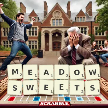 Creative illustration for a Scrabble game with the word MEADOWSWEETS spelled out in tiles on the board.