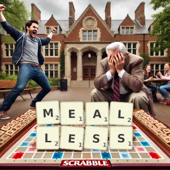 Creative illustration for a Scrabble game with the word MEALLESS spelled out in tiles on the board.