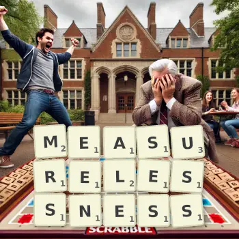 Creative illustration for a Scrabble game with the word MEASURELESSNESS spelled out in tiles on the board.