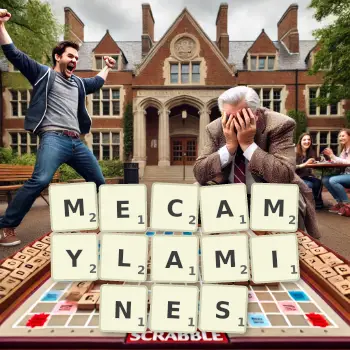Creative illustration for a Scrabble game with the word MECAMYLAMINES spelled out in tiles on the board.