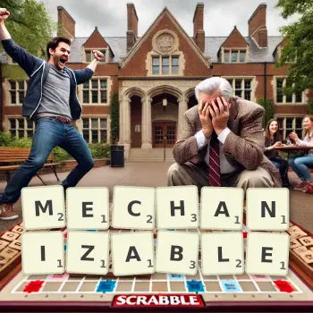 Creative illustration for a Scrabble game with the word MECHANIZABLE spelled out in tiles on the board.