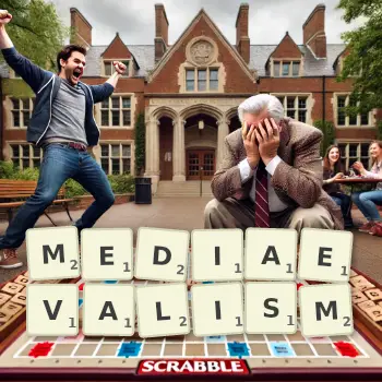 Creative illustration for a Scrabble game with the word MEDIAEVALISM spelled out in tiles on the board.