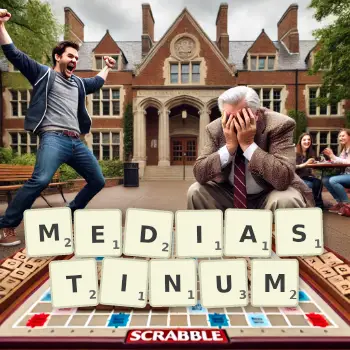 Creative illustration for a Scrabble game with the word MEDIASTINUM spelled out in tiles on the board.
