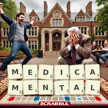 Creative illustration for a Scrabble game with the word MEDICAMENTAL spelled out in tiles on the board.