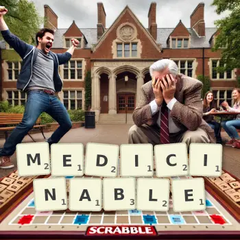 Creative illustration for a Scrabble game with the word MEDICINABLE spelled out in tiles on the board.