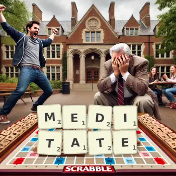 Creative illustration for a Scrabble game with the word MEDITATE spelled out in tiles on the board.