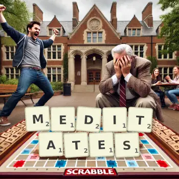 Creative illustration for a Scrabble game with the word MEDITATES spelled out in tiles on the board.