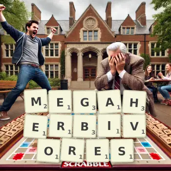 Creative illustration for a Scrabble game with the word MEGAHERBIVORES spelled out in tiles on the board.