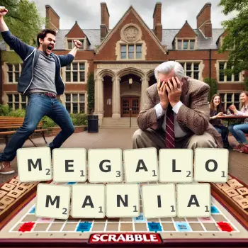 Creative illustration for a Scrabble game with the word MEGALOMANIA spelled out in tiles on the board.