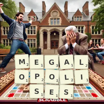 Creative illustration for a Scrabble game with the word MEGALOPOLISES spelled out in tiles on the board.