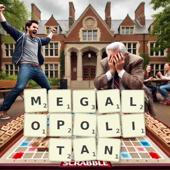Creative illustration for a Scrabble game with the word MEGALOPOLITAN spelled out in tiles on the board.