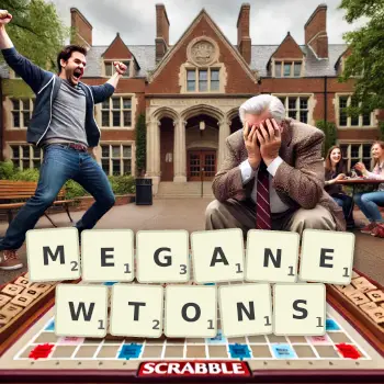 Creative illustration for a Scrabble game with the word MEGANEWTONS spelled out in tiles on the board.