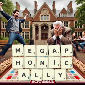 Creative illustration for a Scrabble game with the word MEGAPHONICALLY spelled out in tiles on the board.