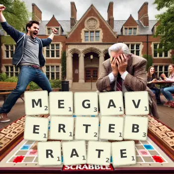 Creative illustration for a Scrabble game with the word MEGAVERTEBRATE spelled out in tiles on the board.