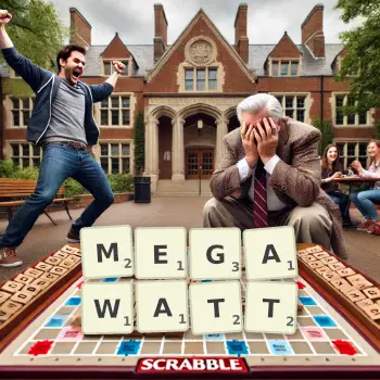 Creative illustration for a Scrabble game with the word MEGAWATT spelled out in tiles on the board.