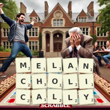 Creative illustration for a Scrabble game with the word MELANCHOLICALLY spelled out in tiles on the board.