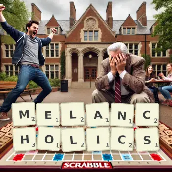 Creative illustration for a Scrabble game with the word MELANCHOLICS spelled out in tiles on the board.