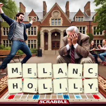 Creative illustration for a Scrabble game with the word MELANCHOLILY spelled out in tiles on the board.