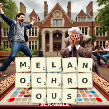 Creative illustration for a Scrabble game with the word MELANOCHROOUS spelled out in tiles on the board.