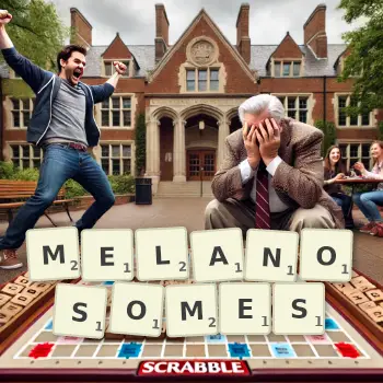 Creative illustration for a Scrabble game with the word MELANOSOMES spelled out in tiles on the board.