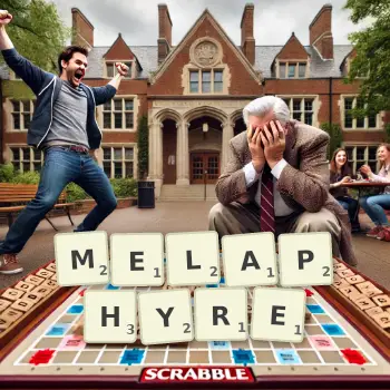 Creative illustration for a Scrabble game with the word MELAPHYRE spelled out in tiles on the board.