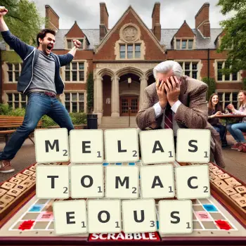 Creative illustration for a Scrabble game with the word MELASTOMACEOUS spelled out in tiles on the board.