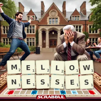 Creative illustration for a Scrabble game with the word MELLOWNESSES spelled out in tiles on the board.