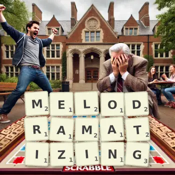 Creative illustration for a Scrabble game with the word MELODRAMATIZING spelled out in tiles on the board.