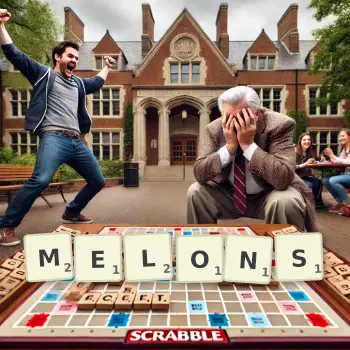 Creative illustration for a Scrabble game with the word MELONS spelled out in tiles on the board.