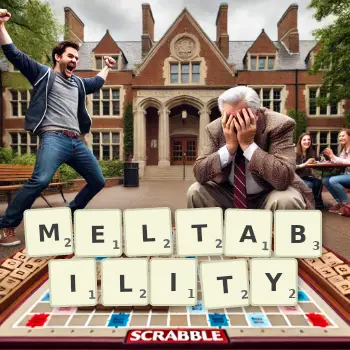 Creative illustration for a Scrabble game with the word MELTABILITY spelled out in tiles on the board.