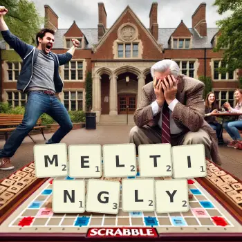 Creative illustration for a Scrabble game with the word MELTINGLY spelled out in tiles on the board.