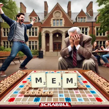 Creative illustration for a Scrabble game with the word MEM spelled out in tiles on the board.