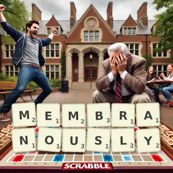 Creative illustration for a Scrabble game with the word MEMBRANOUSLY spelled out in tiles on the board.