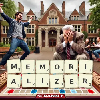 Creative illustration for a Scrabble game with the word MEMORIALIZER spelled out in tiles on the board.