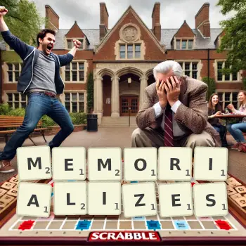 Creative illustration for a Scrabble game with the word MEMORIALIZES spelled out in tiles on the board.