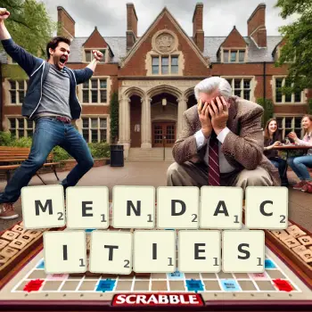 Creative illustration for a Scrabble game with the word MENDACITIES spelled out in tiles on the board.