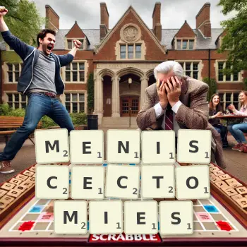 Creative illustration for a Scrabble game with the word MENISCECTOMIES spelled out in tiles on the board.