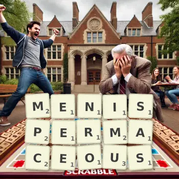Creative illustration for a Scrabble game with the word MENISPERMACEOUS spelled out in tiles on the board.