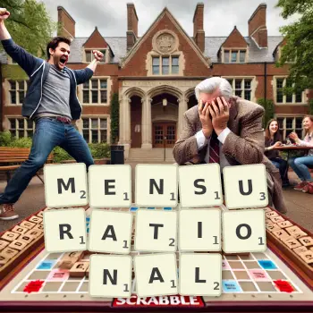 Creative illustration for a Scrabble game with the word MENSURATIONAL spelled out in tiles on the board.