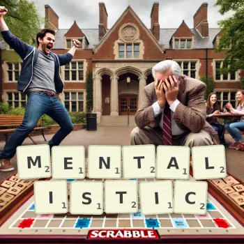 Creative illustration for a Scrabble game with the word MENTALISTIC spelled out in tiles on the board.